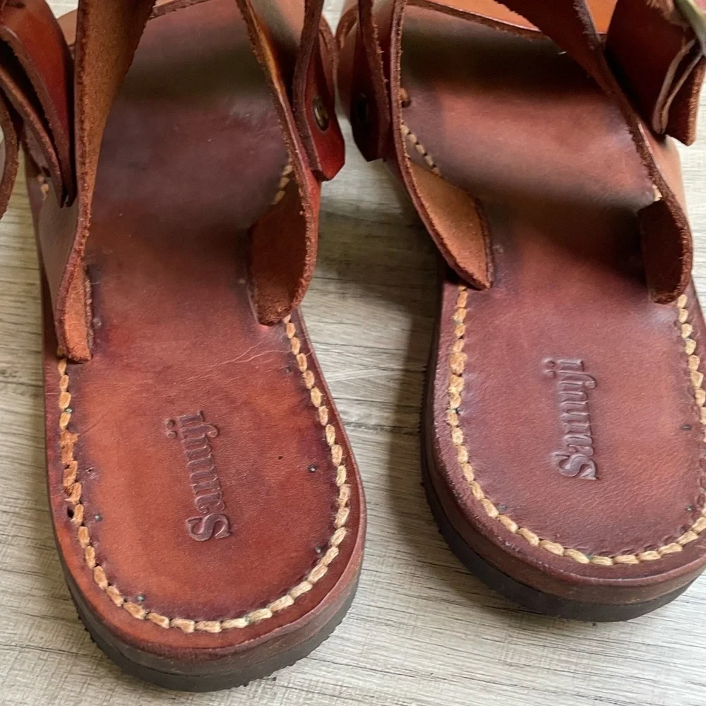 Samuji Leather 2 Strap Sandal W/Heel Strap Adjustable Buckle Closure Brown SZ 6